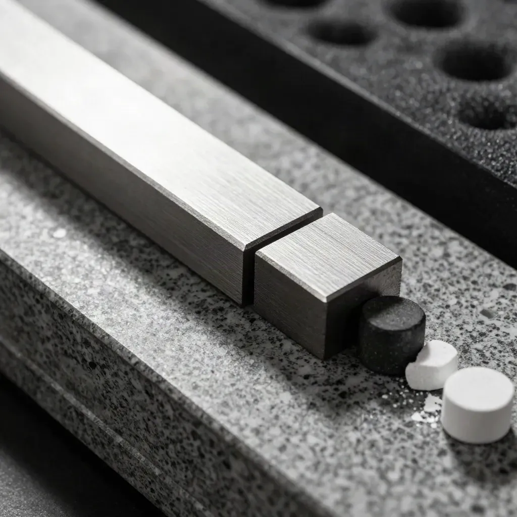 Top-down macro of gauge blocks, a datum cube and ceramic spacer on granite.