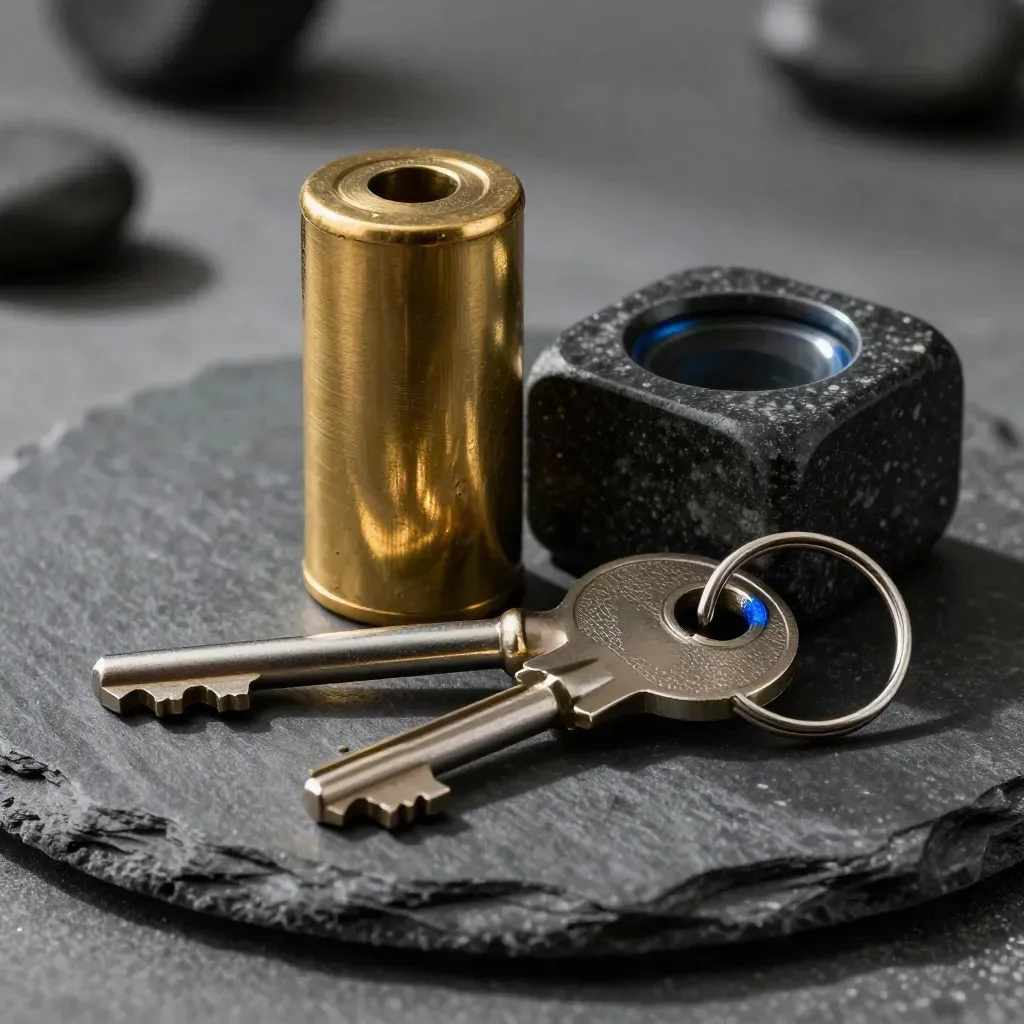 Brass safe keys, lock cylinder and stone paperweight on slate in soft daylight.