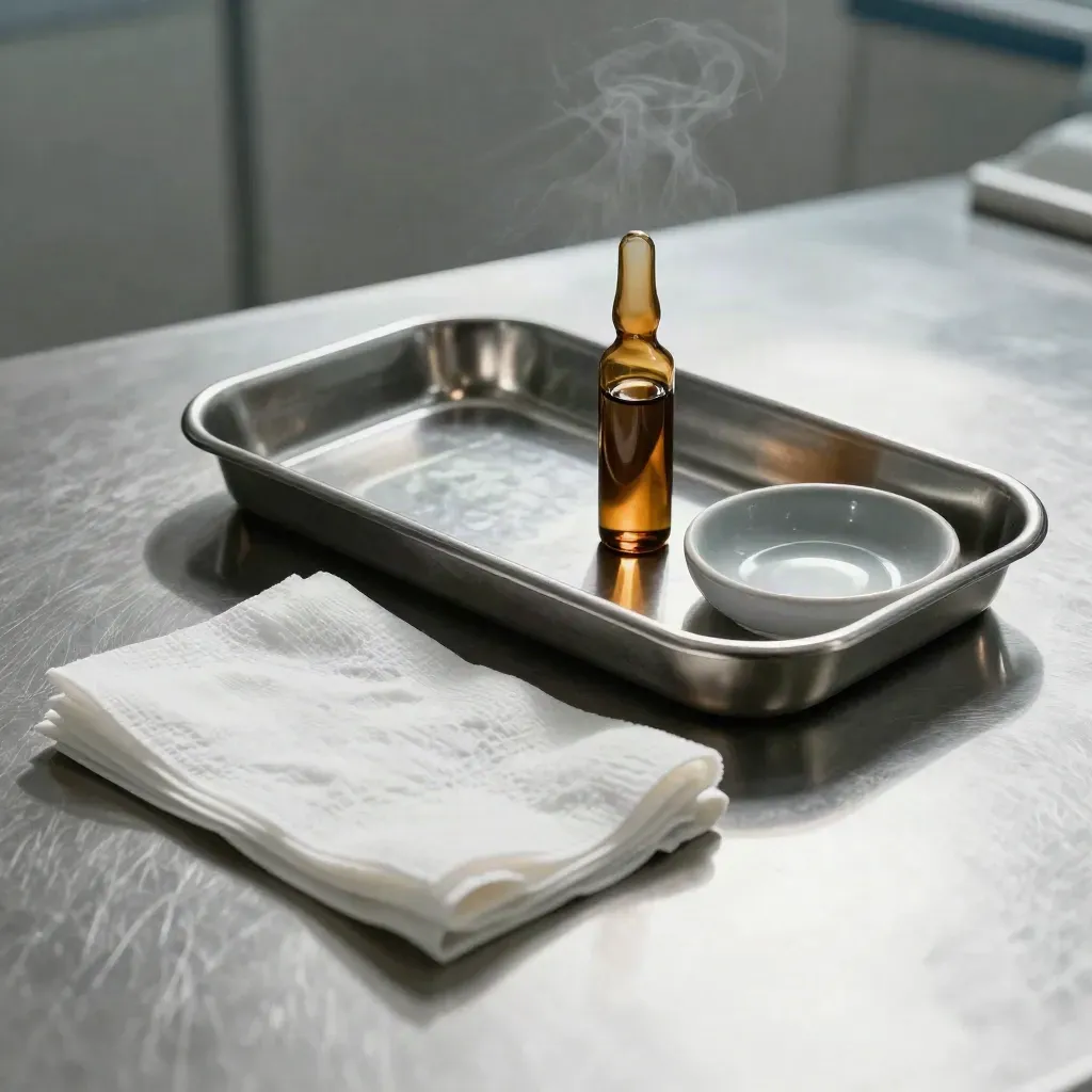 Surgical tray with gauze, amber vial, and ceramic dish on a clinical metal surface.