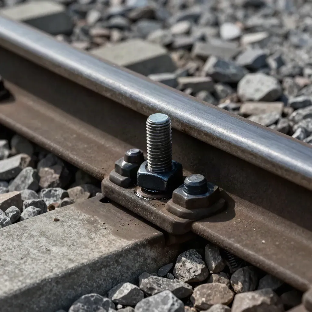Macro steel rail plate, bolt and ballast stone under raking light, tense industrial detail.