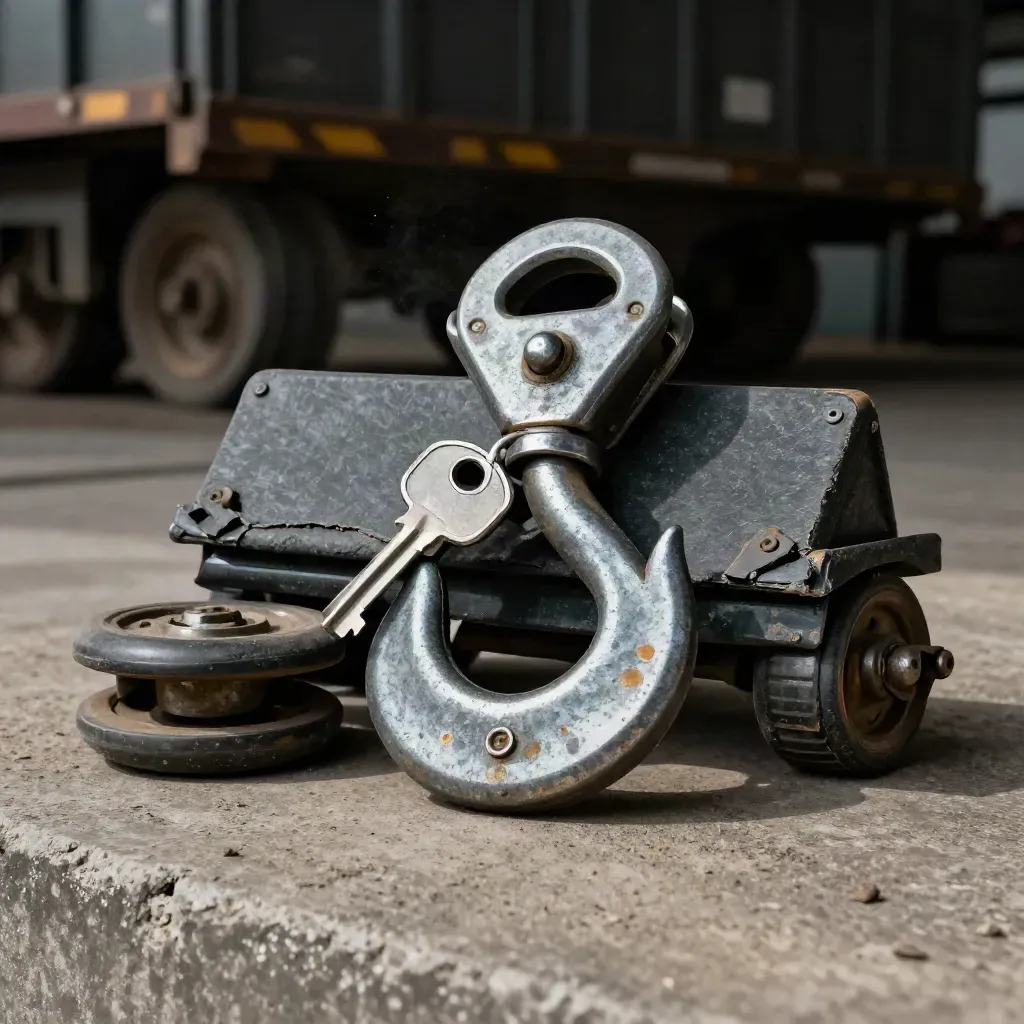 Freight hook, wheel chock, corner protector and steel latch on dusty concrete in dramatic light.