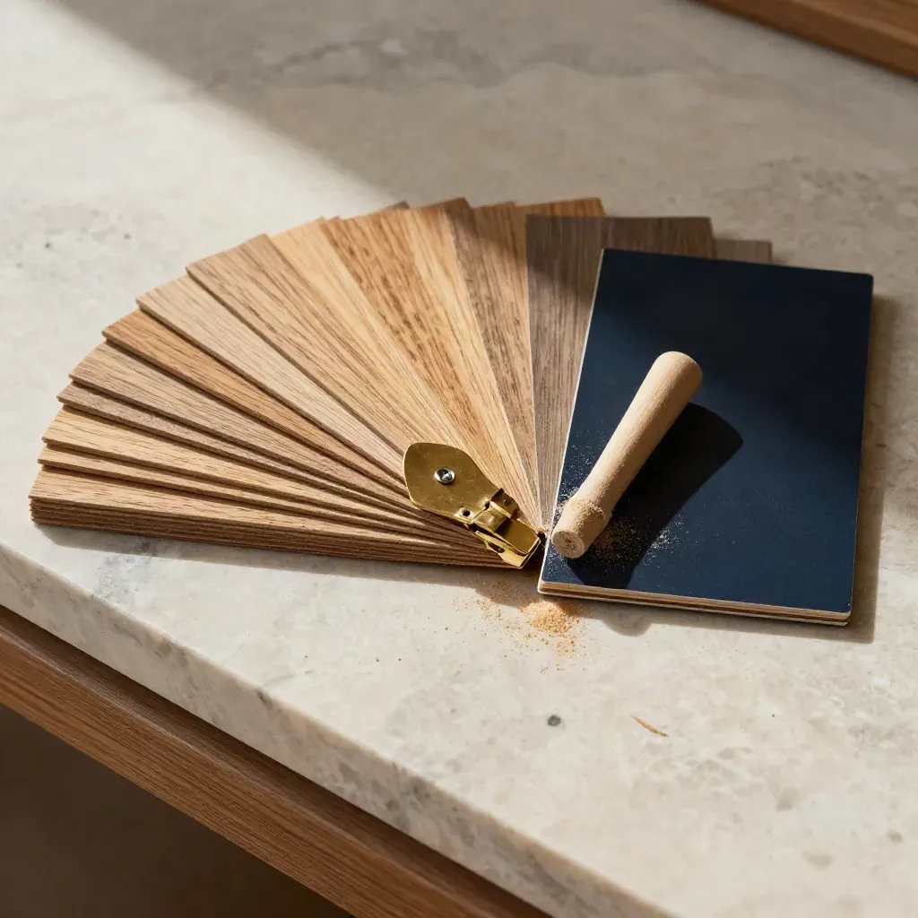 Macro flatlay of oak veneer offcuts, brass hinge leaf and pale wood peg on stone