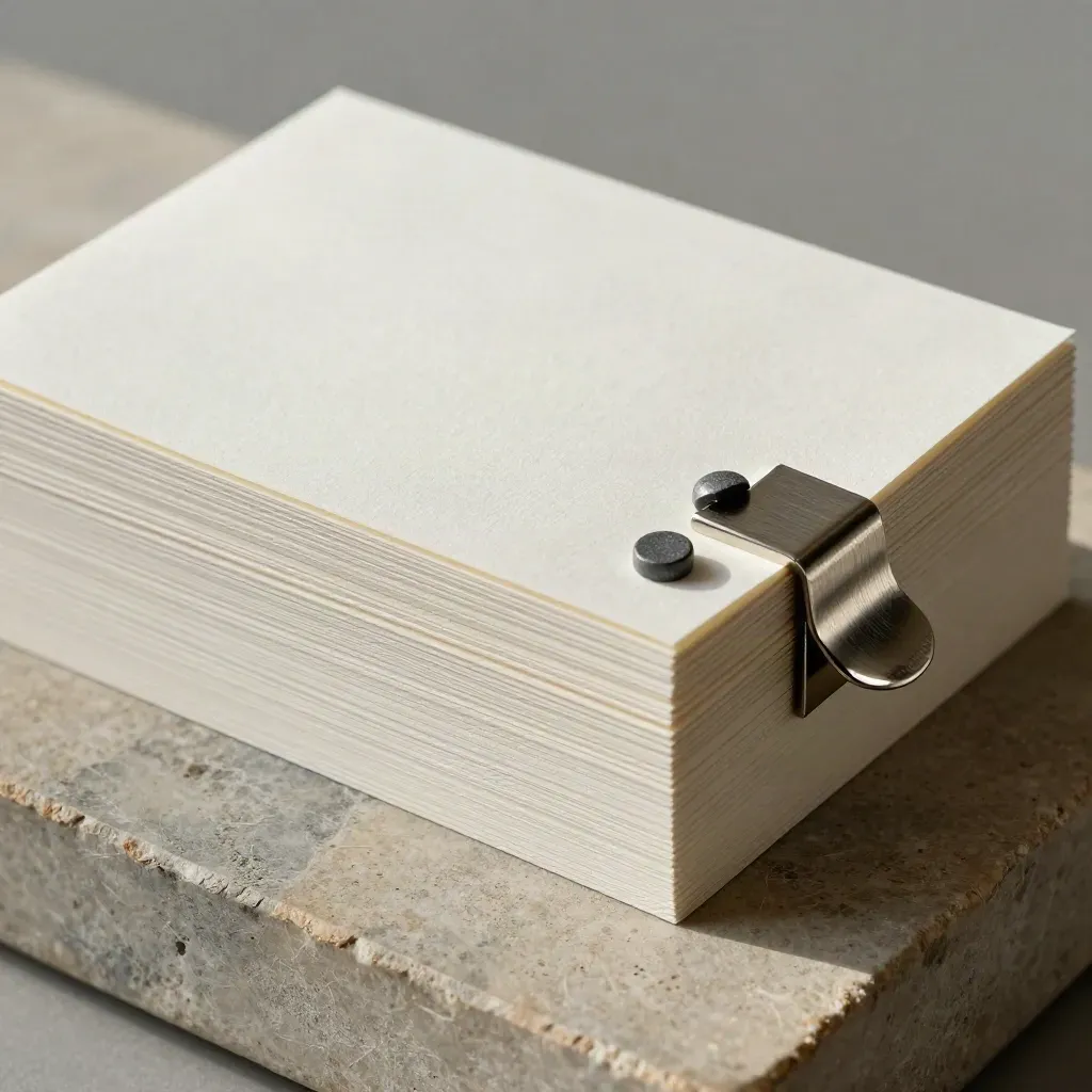 Macro of workshop canvas cards with steel clip and graphite tokens on a stone surface.