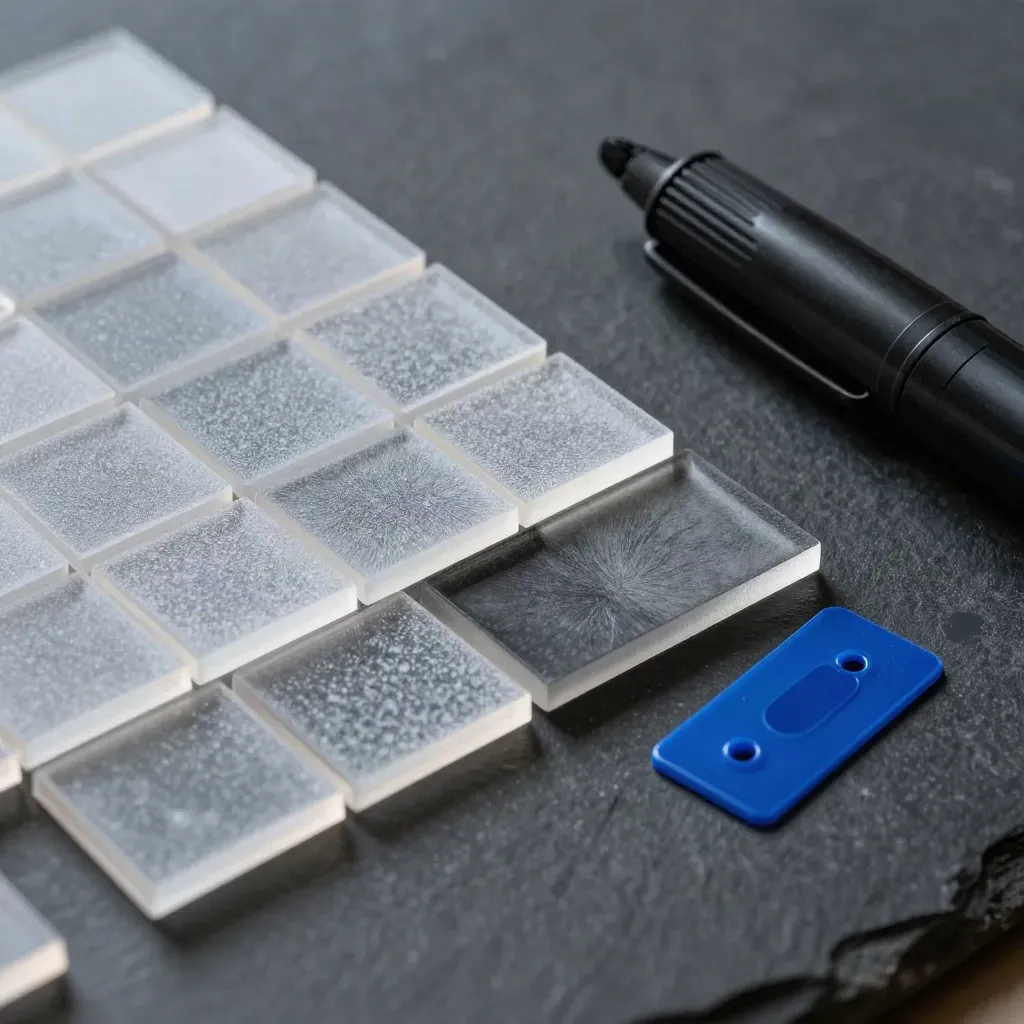 Frosted layout tiles, marker cap and graphite stencil plate on dark stone with blue accent.