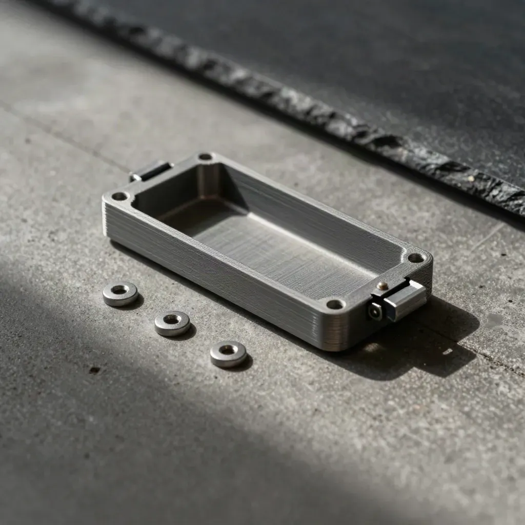 3D-printed prototype enclosure shell with clips and fasteners on charcoal concrete