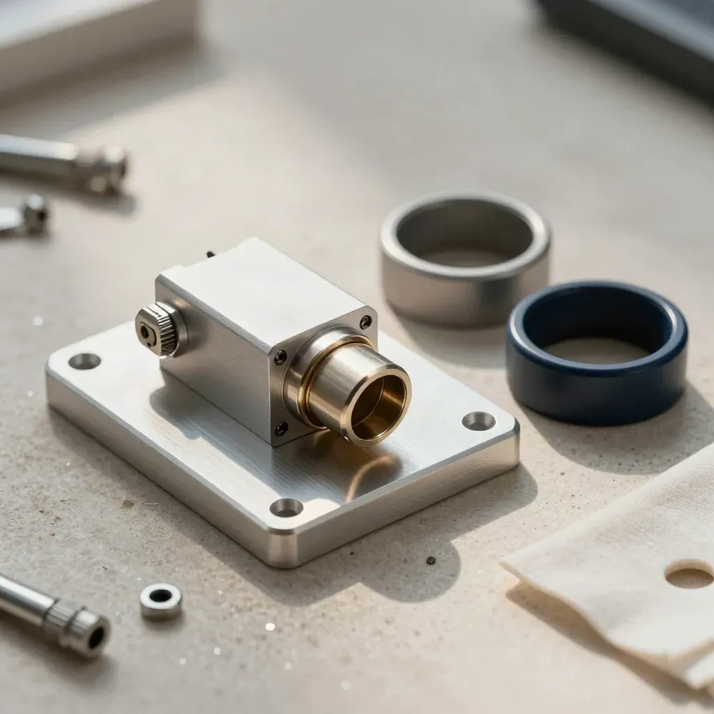Top-down macro of anodised connector hardware on a pale stone surface with soft daylight.