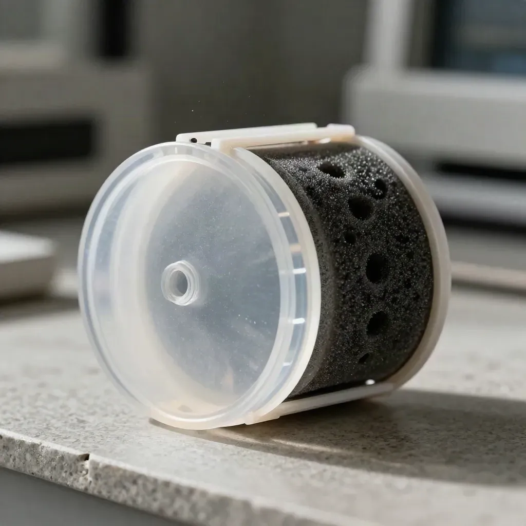 Opened translucent sensor pod with frosted disc and foam spacer on a limestone surface.