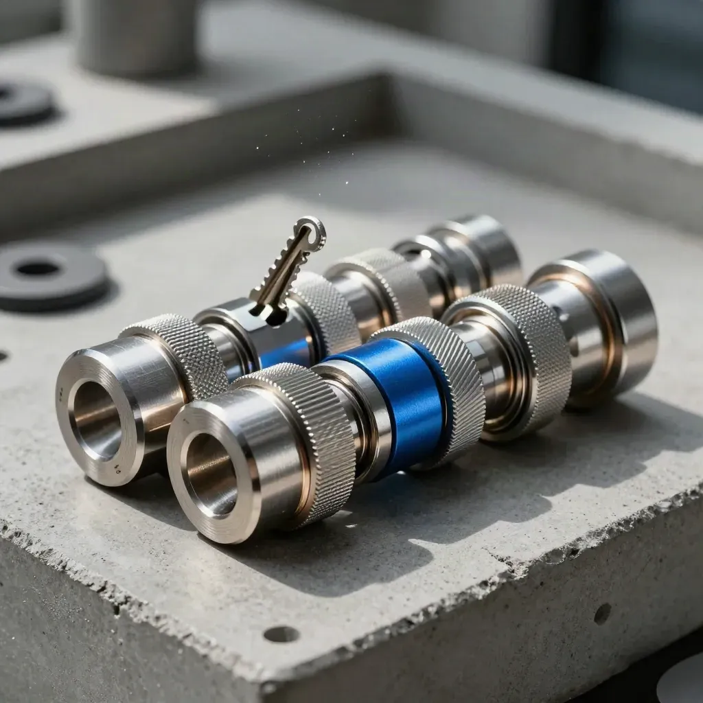 Machined metal connectors linked in a dramatic concrete studio still life.