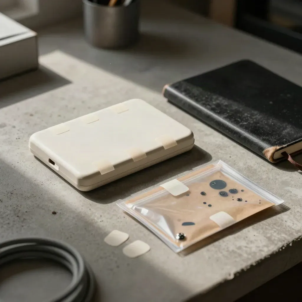 Prototype launch kit with case, tabs, pouch and notebook on a night workbench, seen past blurred cables.