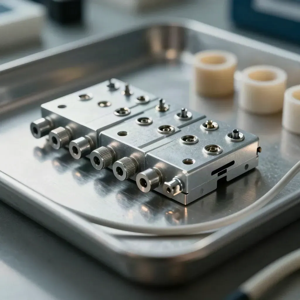 Macro still life of prototype modules, fasteners, and cable ends on a slate workbench.