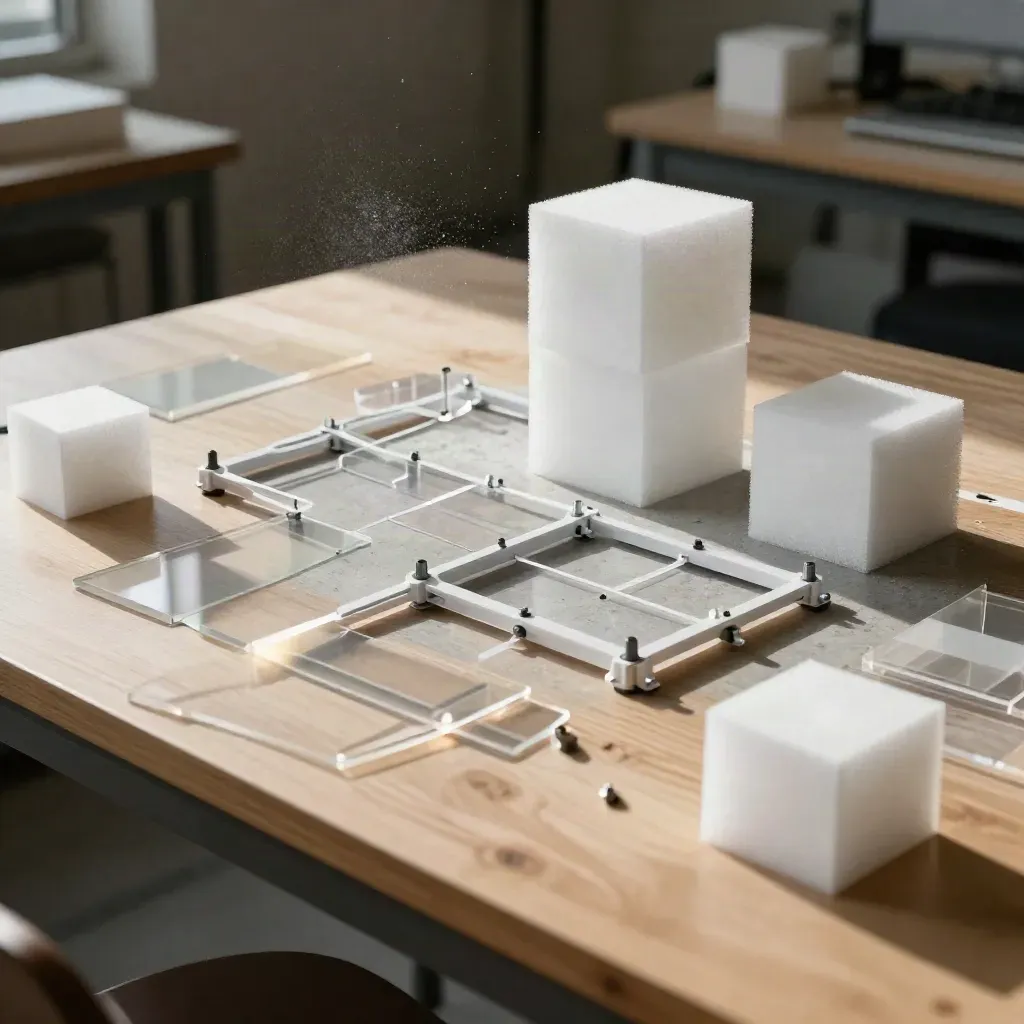Foam cubes, acetate sheets, and a modular prototype base on a studio workbench