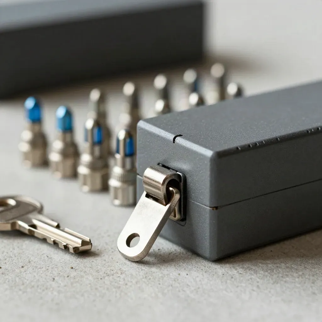 Macro still life of modular blocks, cable ferrules, and a brushed metal latch on concrete.