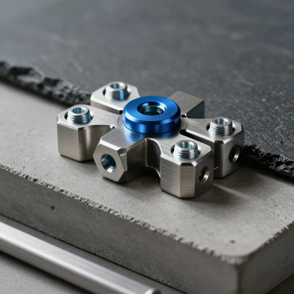 Machined plates and hex fasteners locked with a brushed aluminium joiner on concrete.