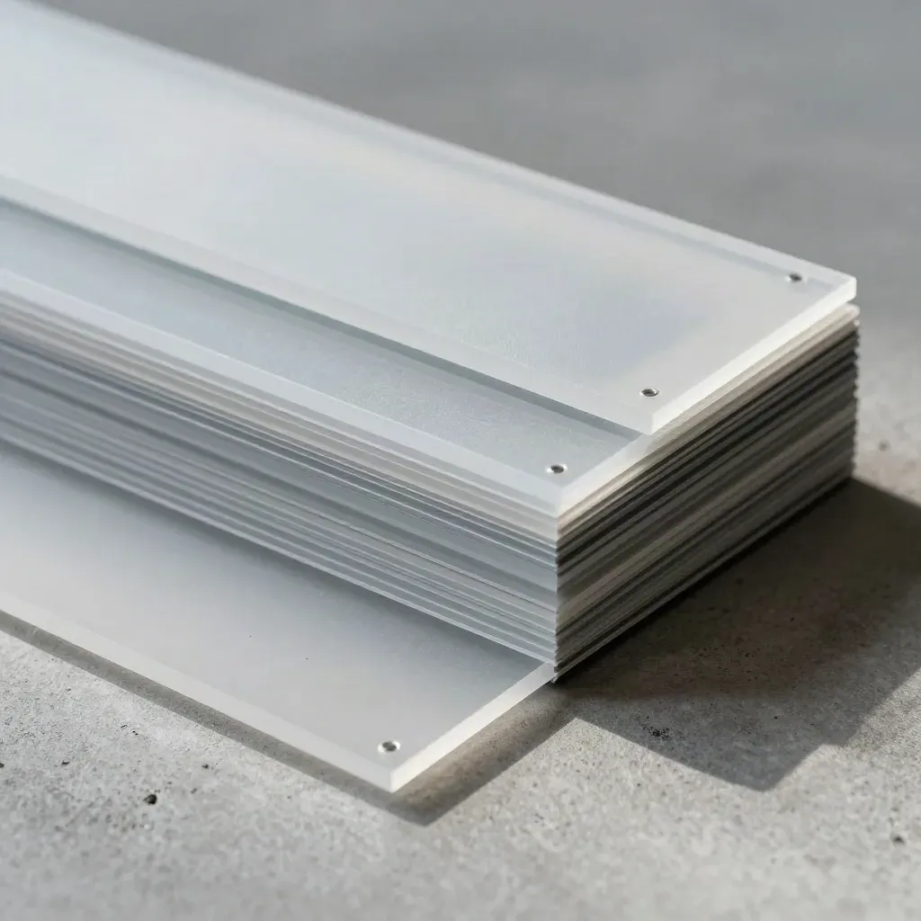 Top-down close-up of frosted acrylic sheets, magnetic spacers, and a graphite alignment block on concrete.