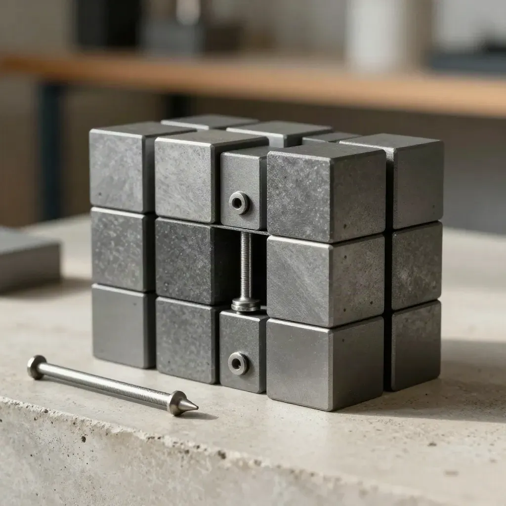 Graphite modular cubes, snap-lock brackets, and alignment pins on concrete in soft daylight.